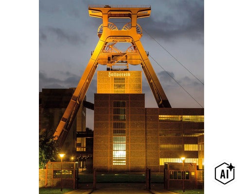 Beleuchteter Förderturm der Zeche Zollverein in Essen bei Dämmerung mit dem beleuchteten Schriftzug Zollverein. (Image AI modified or generated)