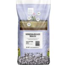 Sack mit mineralischem Mulch aus Kalkstein in Grau mit einer Körnung von 8 bis 16 Millimeter und einem Gewicht von 25 Kilogramm.