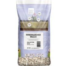 Sack mit mineralischem Mulch aus Kalkstein, Körnung 8 bis 16 Millimeter, Gewicht 25 Kilogramm, ideal für Kiesgärten und Pflanzbeete.