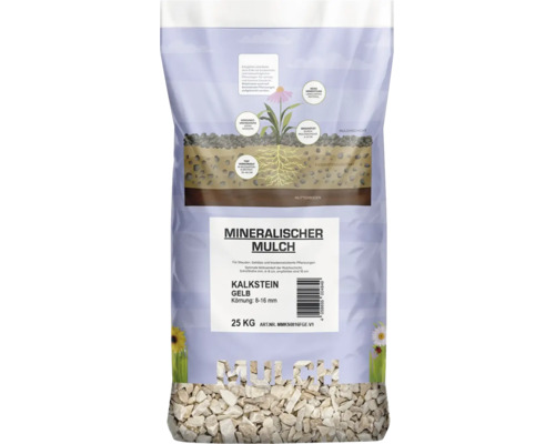 Sack mit mineralischem Mulch aus Kalkstein, Körnung 8 bis 16 Millimeter, Gewicht 25 Kilogramm, ideal für Kiesgärten und Pflanzbeete.