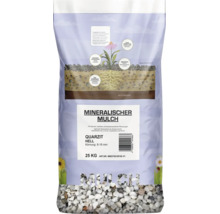 Sack mit mineralischem Mulch aus hellem Quarzit mit einer Körnung von 8 bis 16 Millimetern und einem Gewicht von 25 Kilogramm.