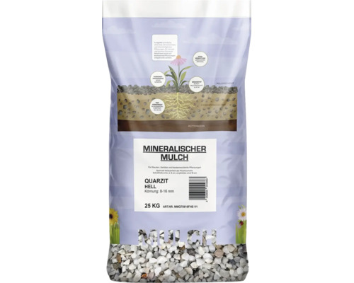Sack mit mineralischem Mulch aus hellem Quarzit mit einer Körnung von 8 bis 16 Millimetern und einem Gewicht von 25 Kilogramm.
