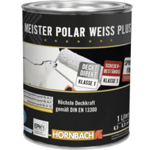 Ein Liter Farbeimer Meister Polar Weiss Plus Wandfarbe mit hoher Deckkraft Klasse 1 von Hornbach.