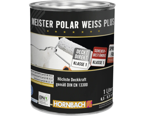 Ein Liter Farbeimer Meister Polar Weiss Plus Wandfarbe mit hoher Deckkraft Klasse 1 von Hornbach.
