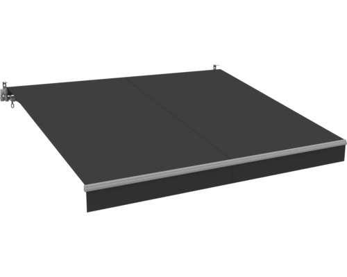 Ausgefahrene Gelenkarmmarkise mit Montagematerial und metallischem Ausfallprofil zur Sonnenschutzmontage an Wand oder Decke