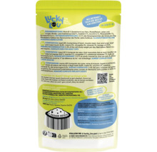 Rückseite einer Lucky Lou Katzenfutterverpackung mit Produktinformationen, Inhaltsstoffen, Fütterungsempfehlung und Barcode.
