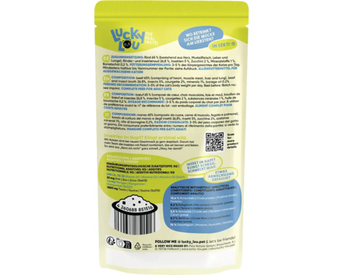 Rückseite einer Lucky Lou Katzenfutterverpackung mit Produktinformationen, Inhaltsstoffen, Fütterungsempfehlung und Barcode.