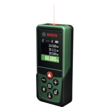 Bosch Laser Entfernungsmesser mit digitalem Display und Bedienfeld zur Messung von Distanzen auf Baustellen.