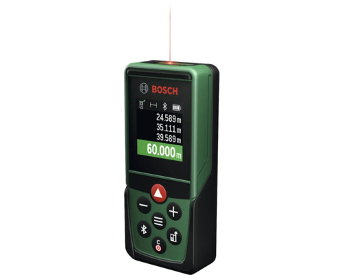 Bosch Laser Entfernungsmesser mit digitalem Display und Bedienfeld zur Messung von Distanzen auf Baustellen.