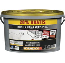 Eimer Meister Polar Weiss Plus Wandfarbe mit 12 Liter Inhalt für hohe Deckkraft und scheuerbeständige Oberflächen.