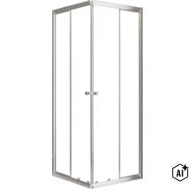 Eckduschkabine mit Schiebetüren und Rahmen aus Metall für den Einbau in Badezimmern. (Image AI modified or generated)
