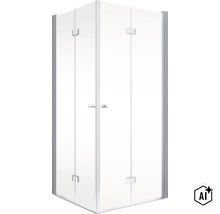 Eckduschkabine mit Schwingtüren aus Glas und Metallprofilen (Image AI modified or generated)