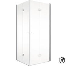 Eckduschkabine mit Schwingtüren aus Glas und Metallprofilen (Image AI modified or generated)