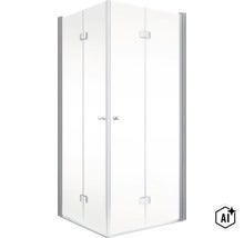 Eckduschkabine mit zwei Pendeltüren aus Glas und Metallrahmen für den Badezimmerbereich (Image AI modified or generated)