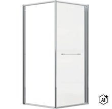Eckduschkabine mit rahmenloser Glasfront und Metallprofilen (Image AI modified or generated)