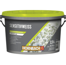 Eimer Hornbach Sensitivweiss Wandfarbe, 2,5 Liter, matte Wohnraumfarbe, hochdeckend, konservierungsmittelfrei, loesungsmittelfrei.