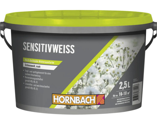 Eimer Hornbach Sensitivweiss Wandfarbe, 2,5 Liter, matte Wohnraumfarbe, hochdeckend, konservierungsmittelfrei, loesungsmittelfrei.