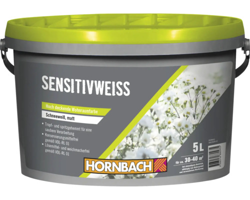 HORNBACH Sensitivweiss Wohnraumfarbe matt 5 Liter Eimer für 30 bis 40 Quadratmeter Reichweite