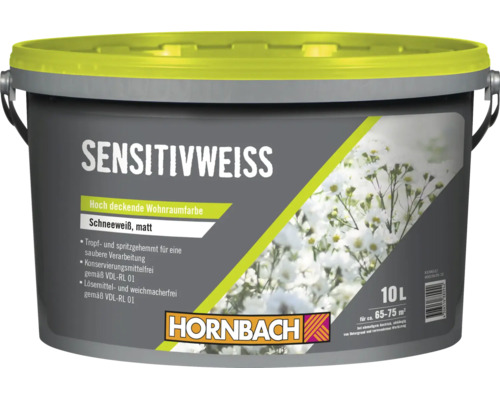 Hornbach Sensitivweiss Wandfarbe 10 Liter Eimer fuer einen matten, schneeweissen Innenanstrich ohne Loesungsmittel und Konservierungsstoffe.