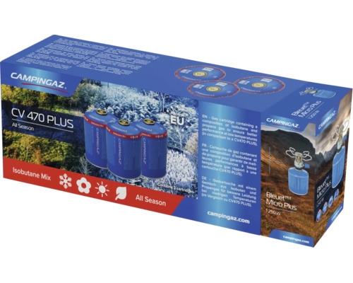 Campingaz CV 470 Plus Gaskartuschen Set mit drei Gaskartuschen für Campingkocher und Campinglampen.