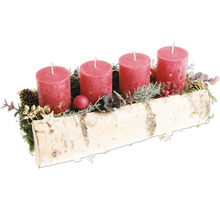 Adventskranz mit vier Stumpenkerzen in einem dekorierten Birkenholzstamm als festliche Weihnachtsdekoration.
