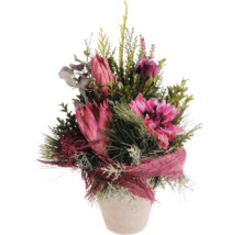 Künstlicher Blumenstrauß mit Proteen und Grünpflanzen in einem Blumentopf zur Dekoration.