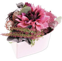 Kunstblumenarrangement in einer Pflanzschale mit Dahlien, Zapfen und Heidekraut