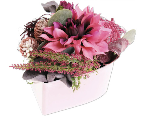 Kunstblumenarrangement in einer Pflanzschale mit Dahlien, Zapfen und Heidekraut
