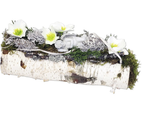 Winterliche Tischdekoration auf einem Birkenstamm mit Engelfigur, Christrosen, Kiefernzapfen und Moos