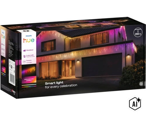 Philips Hue Festavia Lichterkette für den Außenbereich mit zweihundertfünfzig LED Leuchten für smarte Beleuchtung an einem Wohnhaus (Image AI modified or generated)