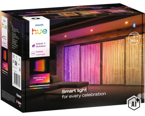 Philips Hue Festavia Lichtervorhang für Innen und Außen mit 250 LEDs, smarte Beleuchtung mit Farbverlauf für die Dekoration. (Image AI modified or generated)