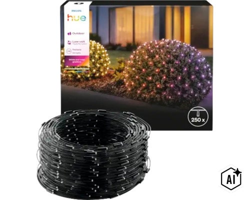 Philips Hue Festavia Lichterkette fuer den Aussenbereich mit 250 LED Leuchten zur Gartenbeleuchtung als Produktverpackung (Image AI modified or generated)