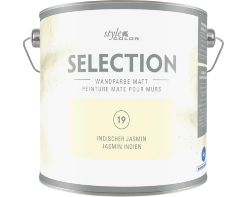 Eine Dose Style Color Selection matte Wandfarbe in der Nuance Indischer Jasmin mit Tragegriff.