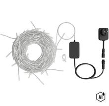 LED Lichterkette fuer den Aussenbereich inklusive Netzstecker und Trafo auf einer Kabeltrommel gewickelt. (Image AI modified or generated)