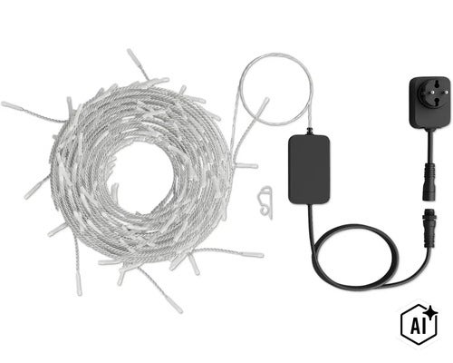 LED Lichterkette fuer den Aussenbereich inklusive Netzstecker und Trafo auf einer Kabeltrommel gewickelt. (Image AI modified or generated)