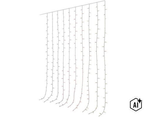 LED Lichtervorhang für den Innen- und Außenbereich mit zahlreichen vertikalen Strängen und vielen kleinen Leuchtmitteln. (Image AI modified or generated)