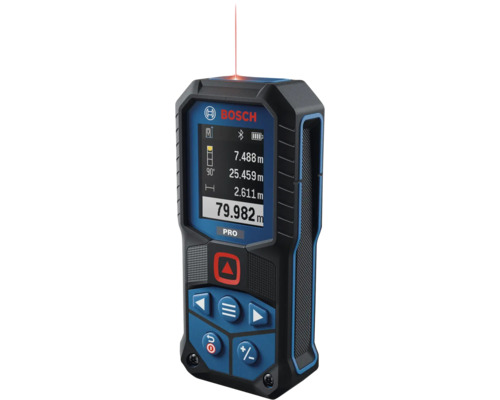 Bosch Laser Entfernungsmesser mit digitalem Display und Bluetooth Funktion zur präzisen Messung von Distanzen auf Baustellen.