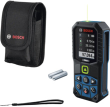 Bosch Laserentfernungsmesser mit Schutztasche, Batterien und Handschlaufe.