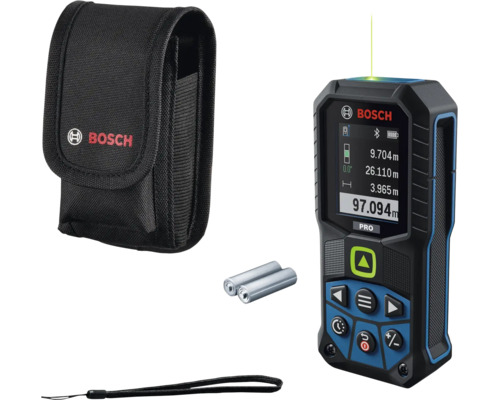 Bosch Laserentfernungsmesser mit Schutztasche, Batterien und Handschlaufe.