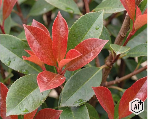 Nahaufnahme einer Glanzmispel Photinia fraseri mit typischen lanzettlichen Blättern in wechselnden Farben. (Image AI modified or generated)