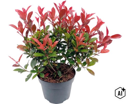 Glanzmispel Photinia fraseri in einem Kunststofftopf (Image AI modified or generated)