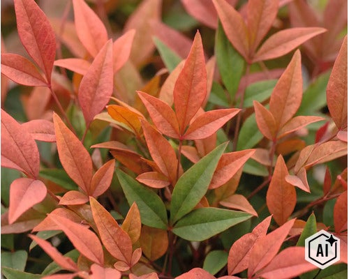 Nahaufnahme von Nandina domestica Pflanzenblättern mit spitz zulaufenden Blattformen im Garten (Image AI modified or generated)