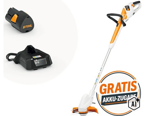 Stihl Akku Rasentrimmer mit Akku und Ladegerät sowie Aktionshinweis auf kostenlose Akku-Zugabe (Image AI modified or generated)
