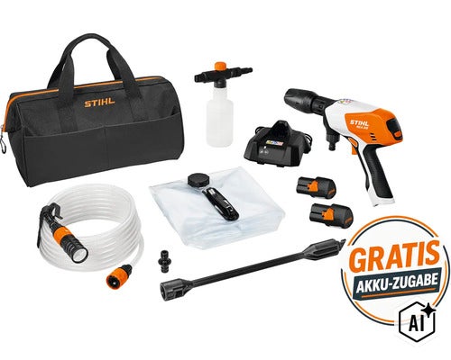 Stihl Akku-Reinigungsgerät RCA 20 Set mit Tragetasche, Akkus, Ladegerät, Schlauch, Wasserbehälter und Zubehör inklusive Gratis Akku-Zugabe (Image AI modified or generated)