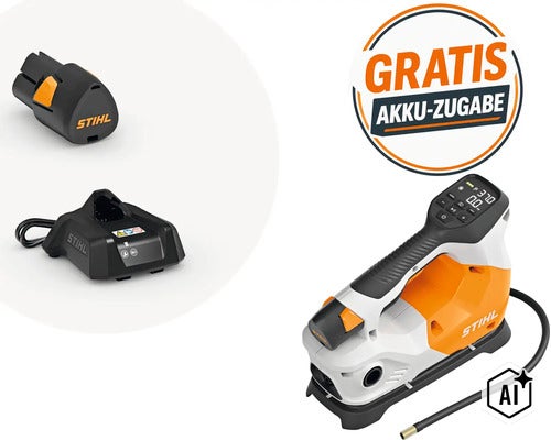Stihl Akku Kompressor Set mit Akku und Ladegerät sowie Aktionshinweis zur kostenlosen Akku Zugabe (Image AI modified or generated)