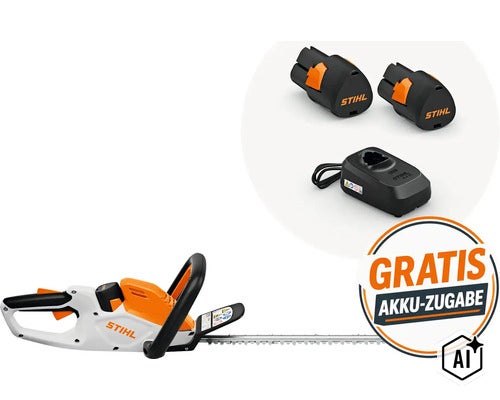 Stihl Akku Heckenschere mit zwei Akkus und Ladegerät sowie Gratis Akku Zugabe (Image AI modified or generated)