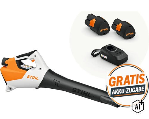 Stihl Akku Laubbläser mit zwei Akkus und Ladegerät sowie Aktionshinweis zur kostenlosen Akku Zugabe (Image AI modified or generated)