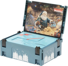 Makita Adventskalender in einem aufklappbaren Kunststoffkoffer mit weihnachtlichem Design und Abbildungen von Elektrowerkzeugen.