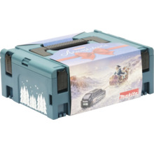 Makita Adventskalender in einem robusten Werkzeugkoffer aus Kunststoff mit weihnachtlichem Motiv inklusive Weihnachtsmann auf einem Schlitten