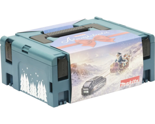 Makita Adventskalender in einem robusten Werkzeugkoffer aus Kunststoff mit weihnachtlichem Motiv inklusive Weihnachtsmann auf einem Schlitten